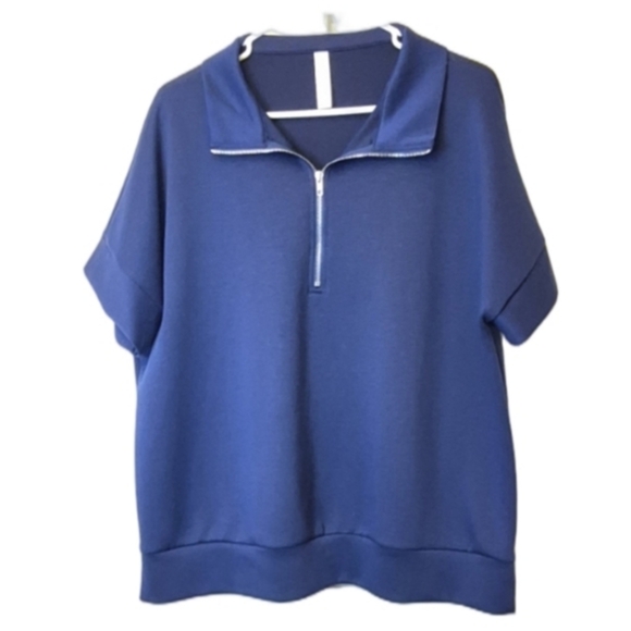 Dear Scarlett Tops - Dear Scarlett XL Blue Short Sleeve  Quarter Zip Collar Pullover Top